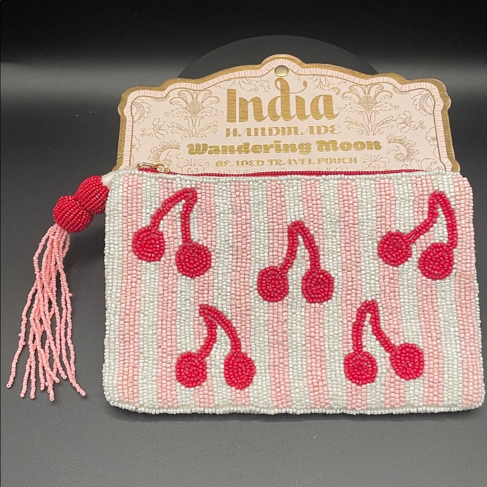 Handmade in India Pink Stripped Cherry Travel Makeup Beaded Pouch Viral